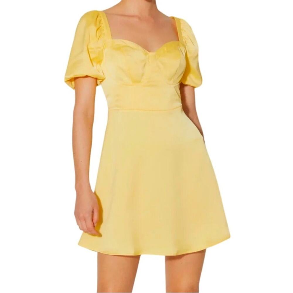Something New by Marie Jedig Gloria Yellow Satin Puff Sleeve Mini Dress M NWT